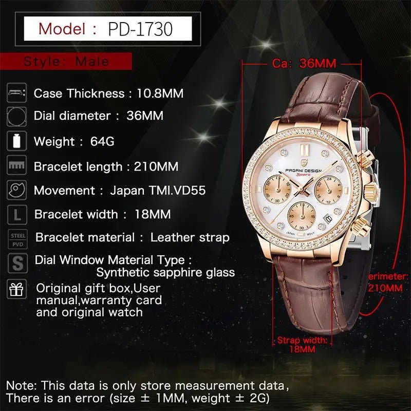 PAGANI New Gold Color Women Quartz Watch New Fashion Lady Gift Chronograph Stainless Steel Elegant Quartz Wristwatch for Women - LeeHT