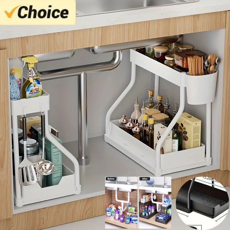 Space Saving 2 Tier Under Sink Organizer,Pull Out Storage Box Durable Large Capacity Kitchen Bathroom Essential Drawer Organizer - LeeHT