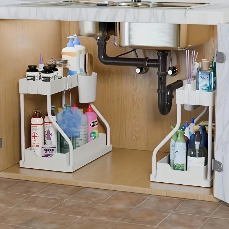 Space Saving 2 Tier Under Sink Organizer,Pull Out Storage Box Durable Large Capacity Kitchen Bathroom Essential Drawer Organizer - LeeHT