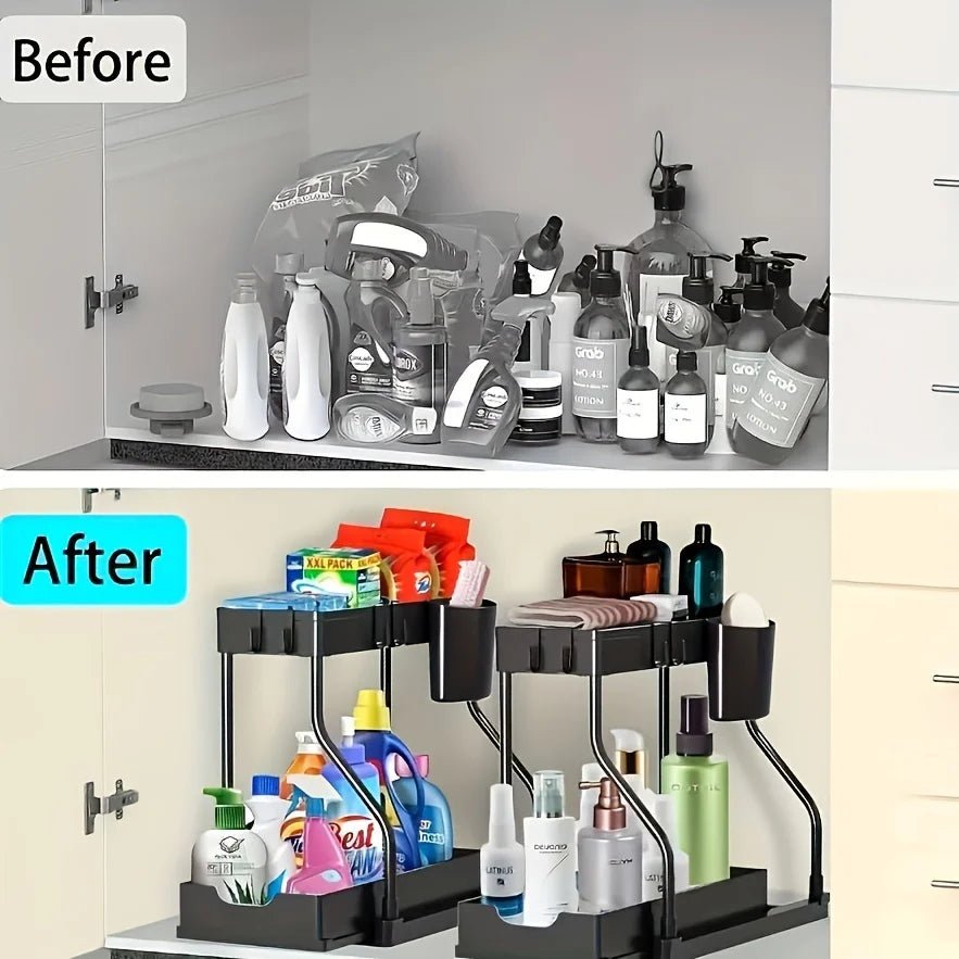 Space Saving 2 Tier Under Sink Organizer,Pull Out Storage Box Durable Large Capacity Kitchen Bathroom Essential Drawer Organizer - LeeHT
