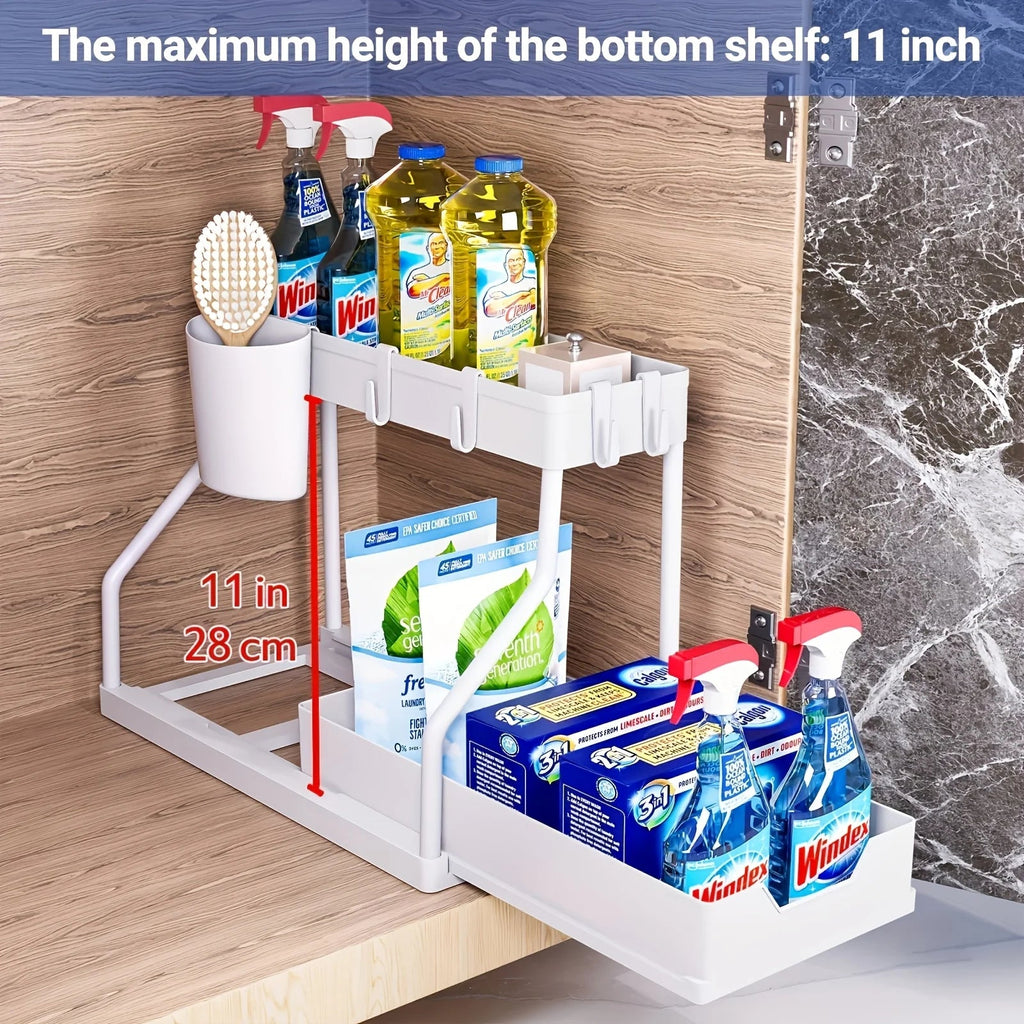 Space Saving 2 Tier Under Sink Organizer,Pull Out Storage Box Durable Large Capacity Kitchen Bathroom Essential Drawer Organizer - LeeHT