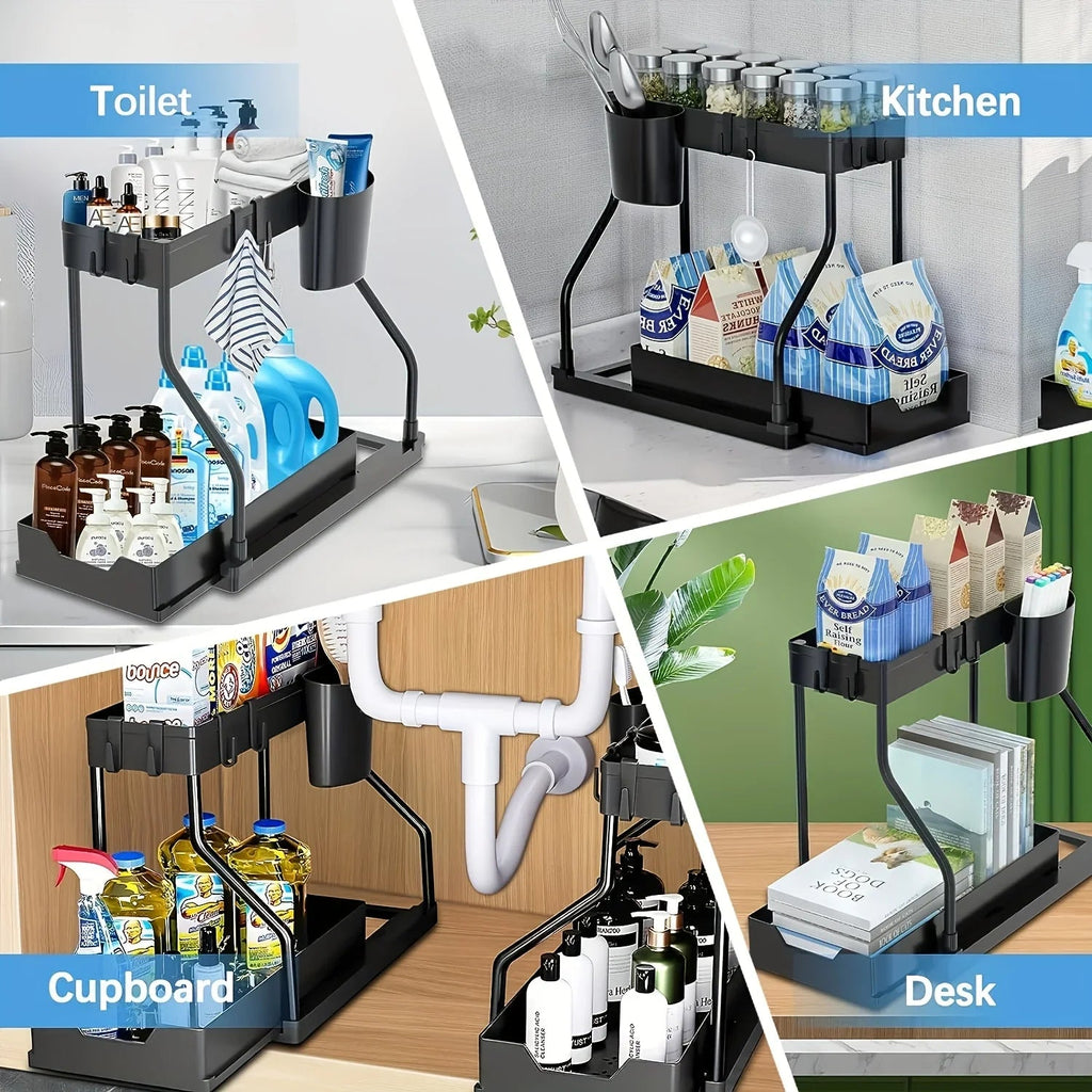 Space Saving 2 Tier Under Sink Organizer,Pull Out Storage Box Durable Large Capacity Kitchen Bathroom Essential Drawer Organizer - LeeHT