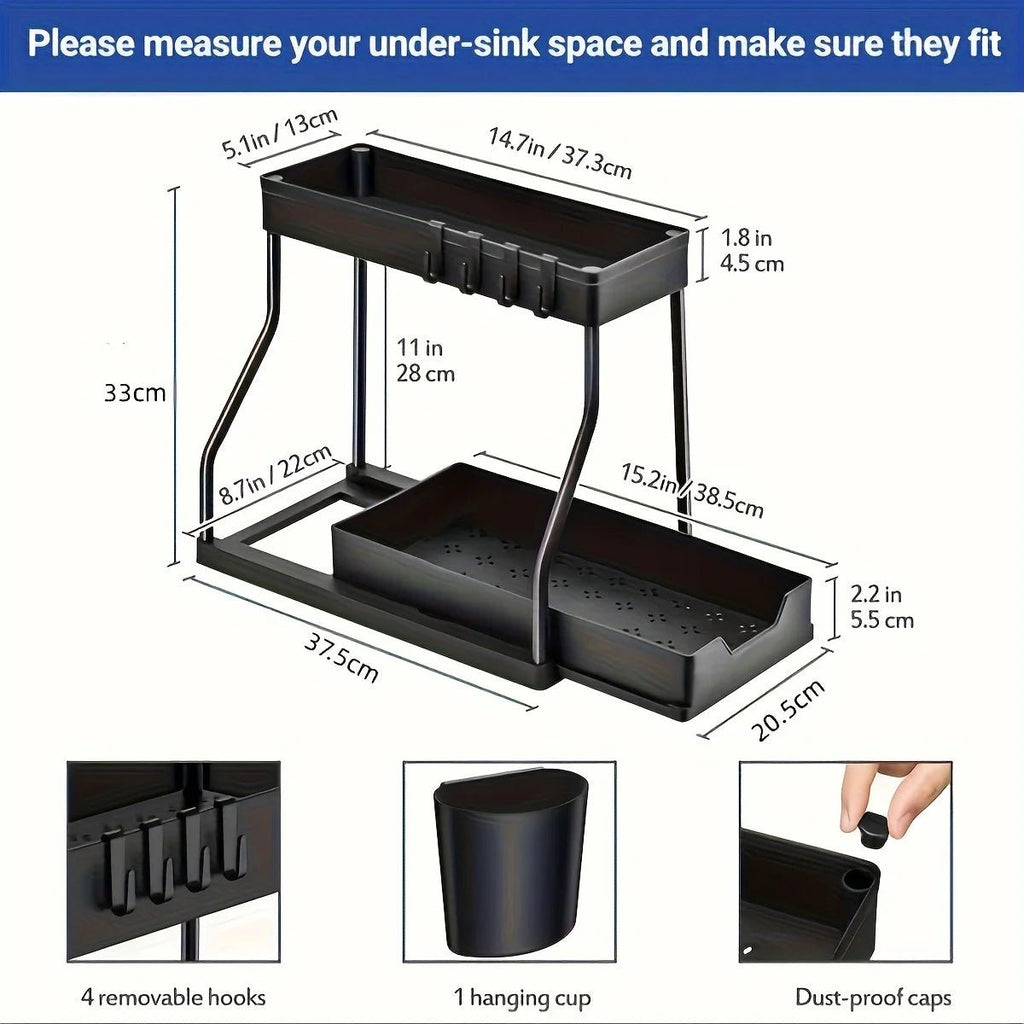 Space Saving 2 Tier Under Sink Organizer,Pull Out Storage Box Durable Large Capacity Kitchen Bathroom Essential Drawer Organizer - LeeHT
