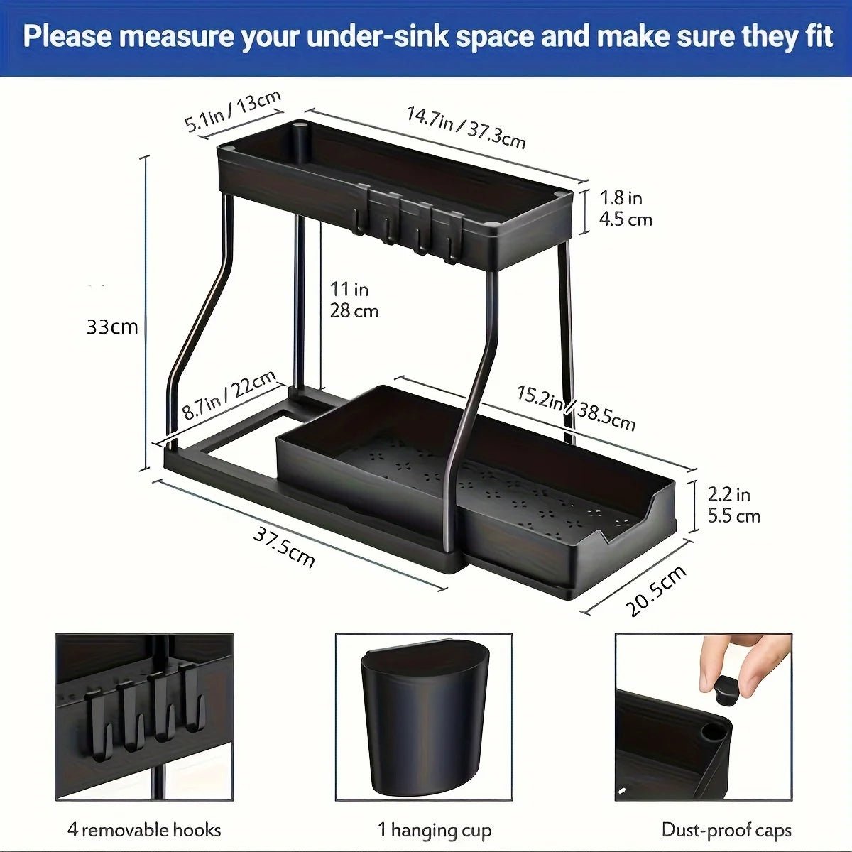 Space Saving 2 Tier Under Sink Organizer,Pull Out Storage Box Durable Large Capacity Kitchen Bathroom Essential Drawer Organizer - LeeHT