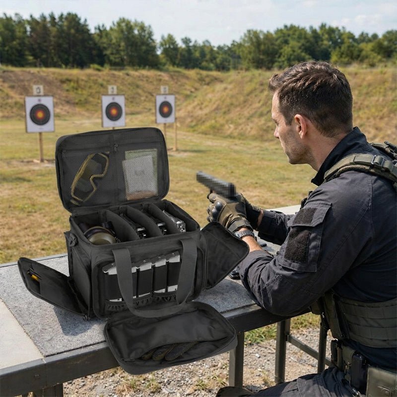 Tactical shoulder shooting bag, padded handgun case for range & hunting, lockable zipper, ammo pockets - LeeHT