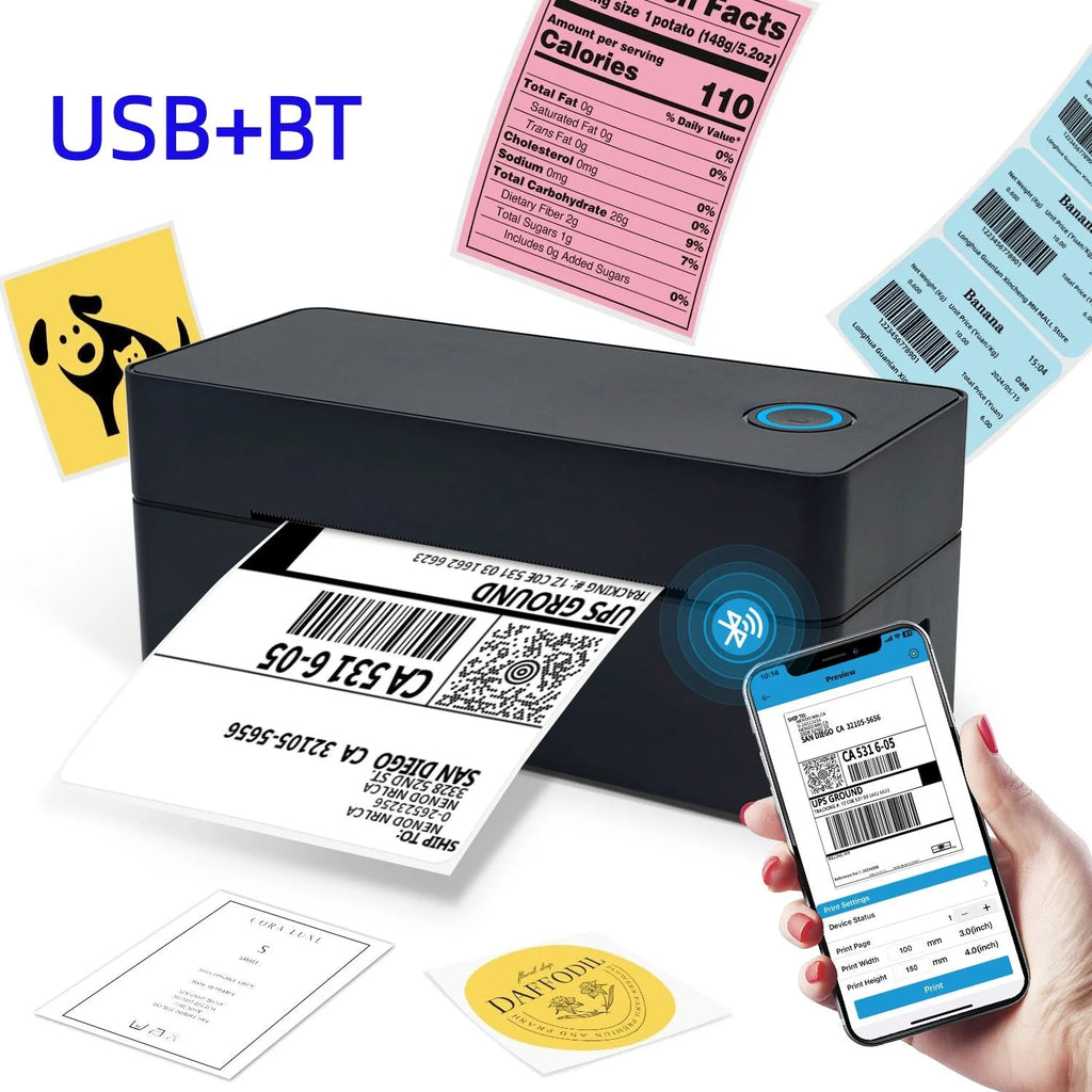 Thermal Label Printer Portable No Ink Required 203DPI 4x6 for Small Business Bluetooth USB High Speed Express Airway Bill - LeeHT