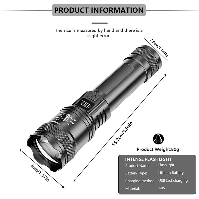 Ultra Bright LED Flashlight 2000LM Type-C Rechargeable Long Range Zoom Tactical Torch Outdoor Emergency Camping Fishing Lantern - LeeHT