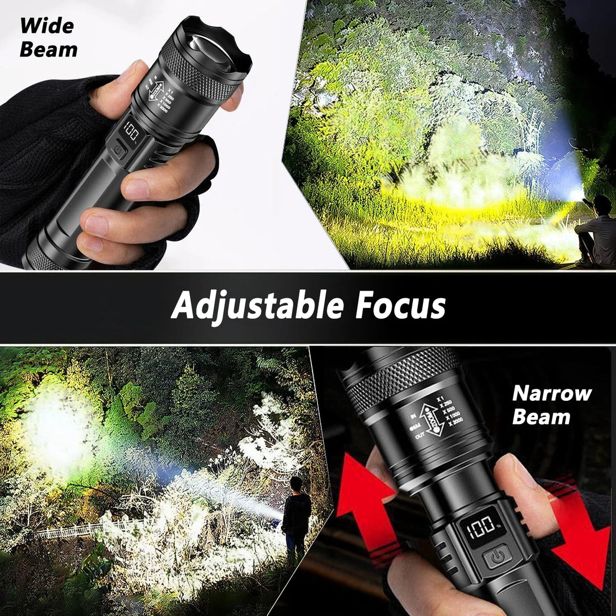 Ultra Bright LED Flashlight 2000LM Type-C Rechargeable Long Range Zoom Tactical Torch Outdoor Emergency Camping Fishing Lantern - LeeHT
