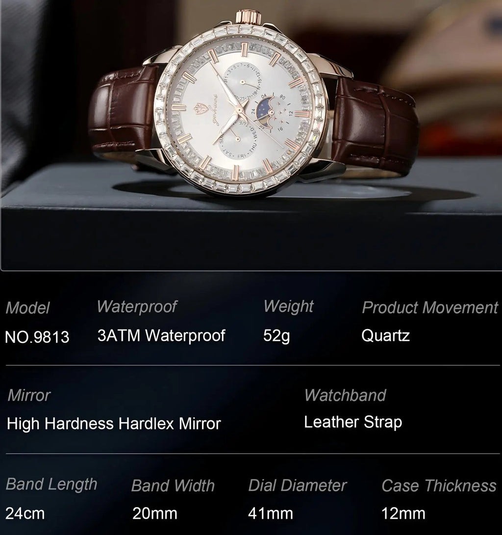 US Local Stock Gohuos 9813 Fashion Elegant Quartz Watches for Men's Leather Belt Reloj Luminous Hands Date Week Display Watches - LeeHT