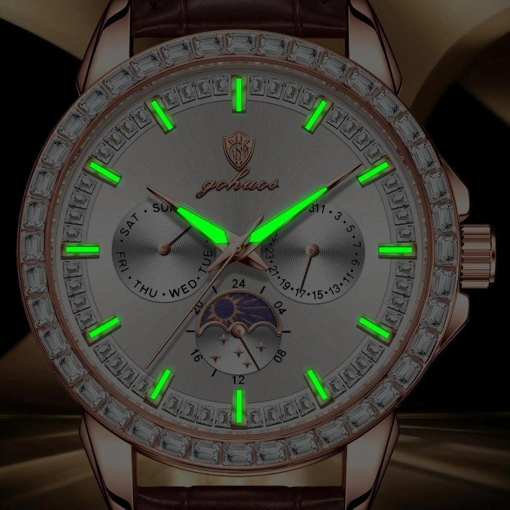 US Local Stock Gohuos 9813 Fashion Elegant Quartz Watches for Men's Leather Belt Reloj Luminous Hands Date Week Display Watches - LeeHT