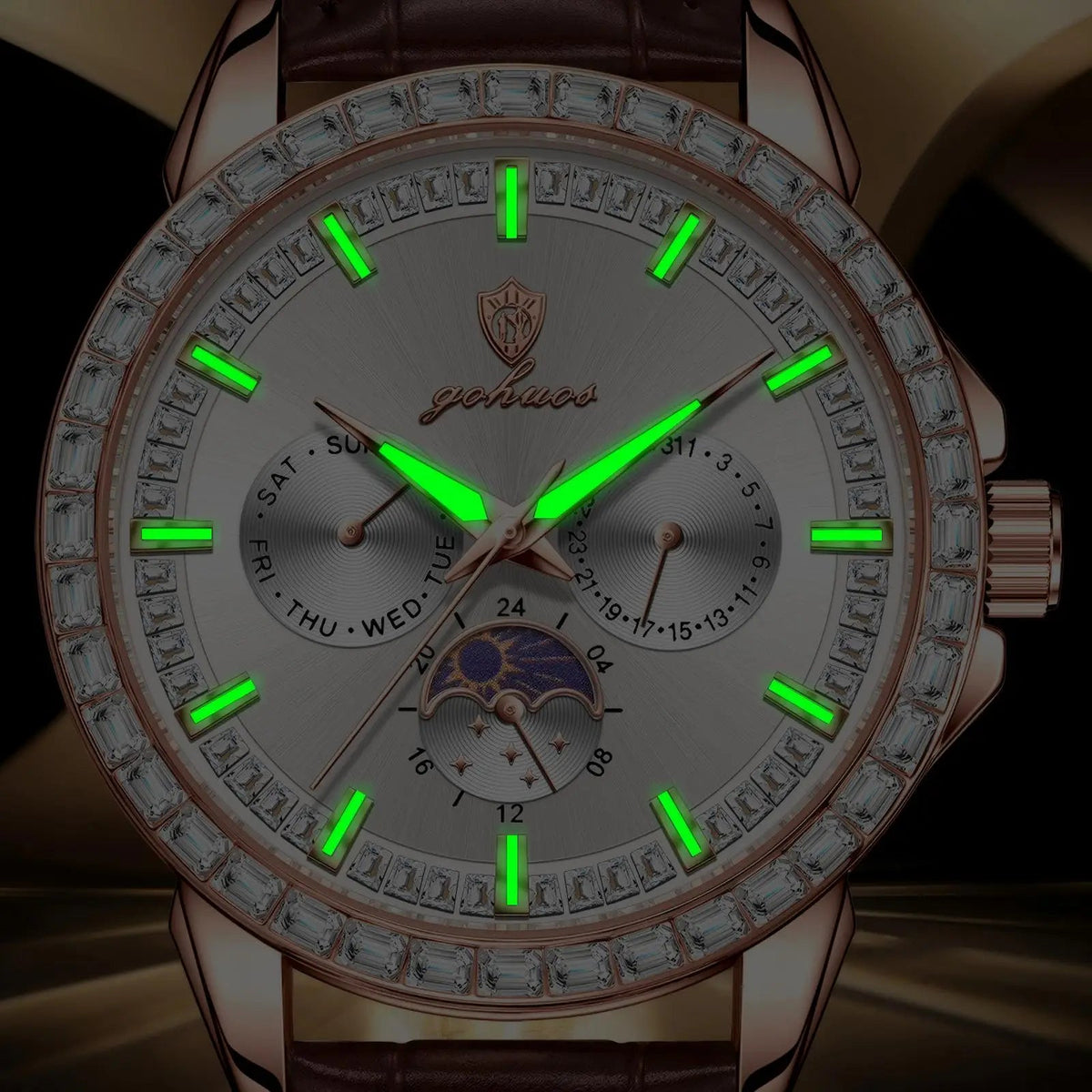 US Local Stock Gohuos 9813 Fashion Elegant Quartz Watches for Men's Leather Belt Reloj Luminous Hands Date Week Display Watches - LeeHT