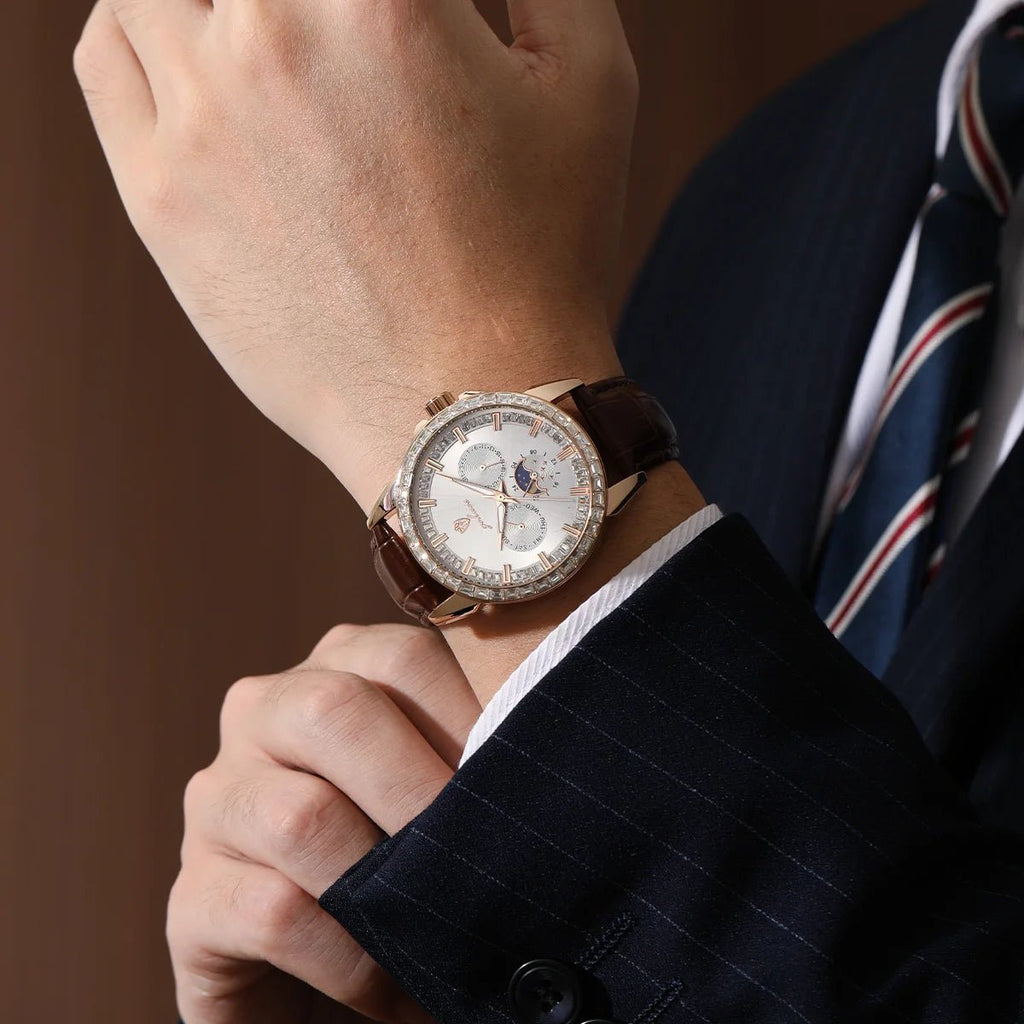 US Local Stock Gohuos 9813 Fashion Elegant Quartz Watches for Men's Leather Belt Reloj Luminous Hands Date Week Display Watches - LeeHT
