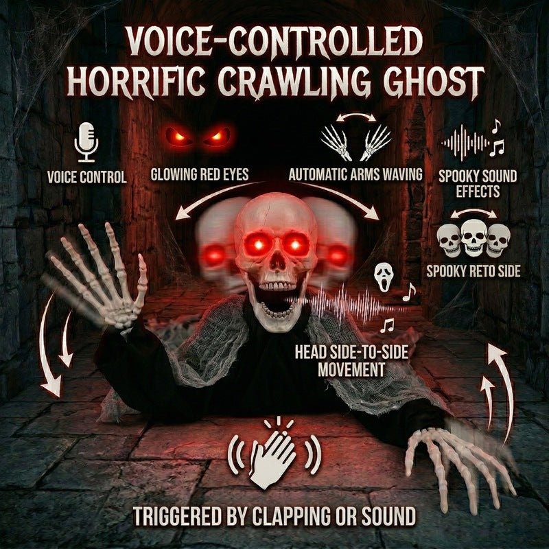 Voice Control Halloween Ghost – Glowing Red Eyes, Auto-Moving Hands, Foldable Bloody Zombie Screamer, Animatronic Decor - LeeHT