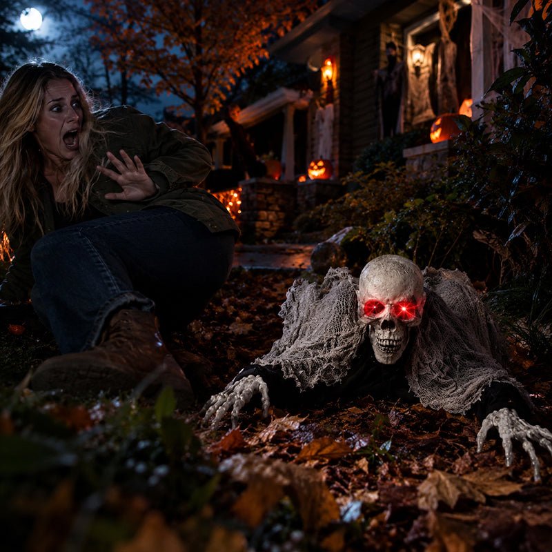 Voice Control Halloween Ghost – Glowing Red Eyes, Auto-Moving Hands, Foldable Bloody Zombie Screamer, Animatronic Decor - LeeHT