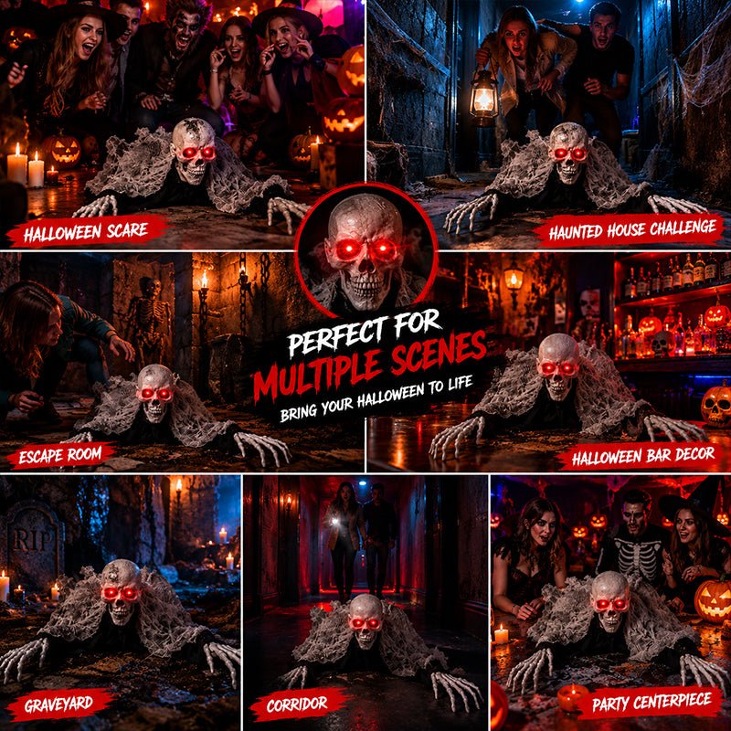 Voice Control Halloween Ghost – Glowing Red Eyes, Auto-Moving Hands, Foldable Bloody Zombie Screamer, Animatronic Decor - LeeHT