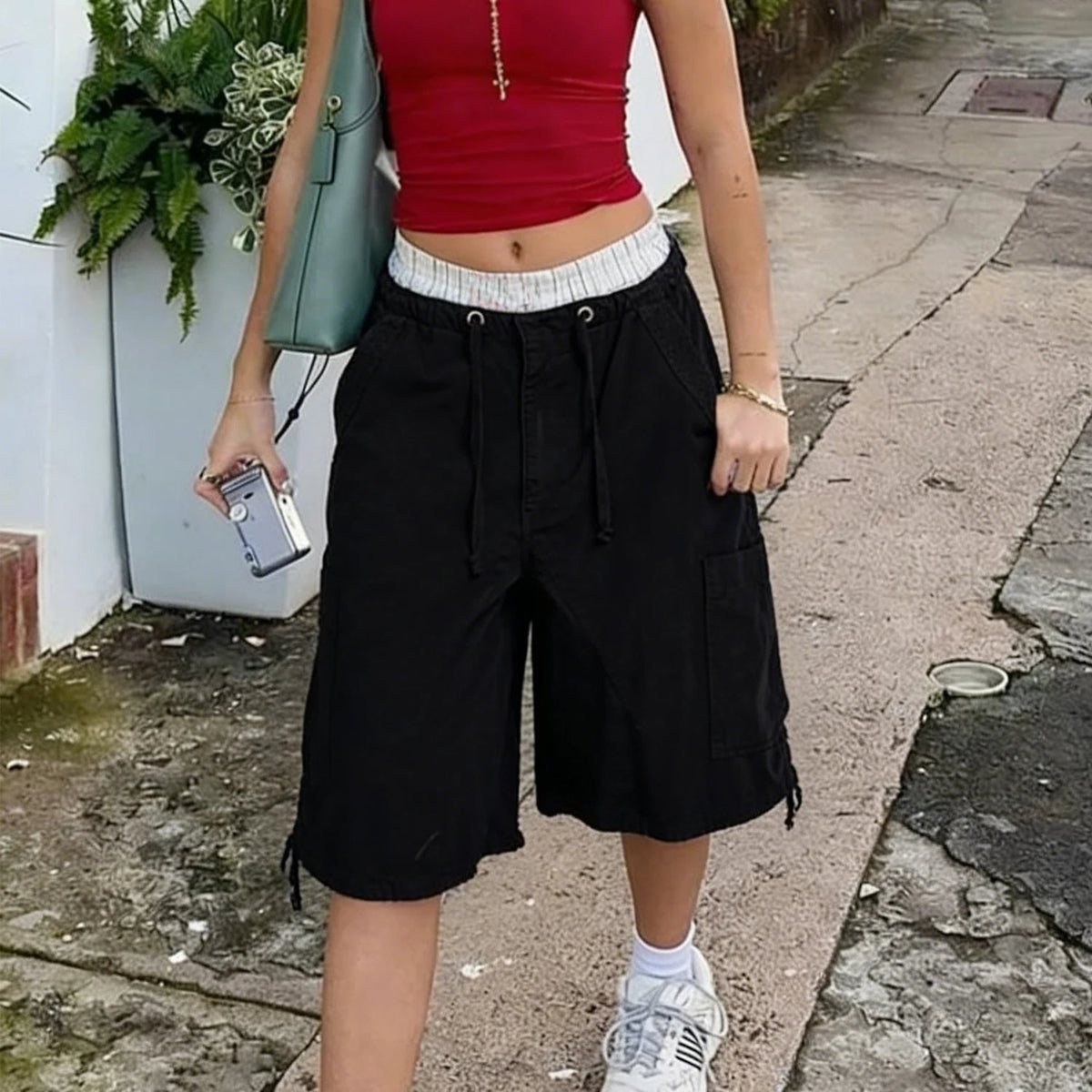 Women Y2K Baggy Cargo Shorts Knee Denim Length Drawstring Waist Multi Pocket Casual Streetwear Summer Loose Fit Jorts - LeeHT