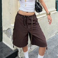 Women Y2K Baggy Cargo Shorts Knee Denim Length Drawstring Waist Multi Pocket Casual Streetwear Summer Loose Fit Jorts - LeeHT