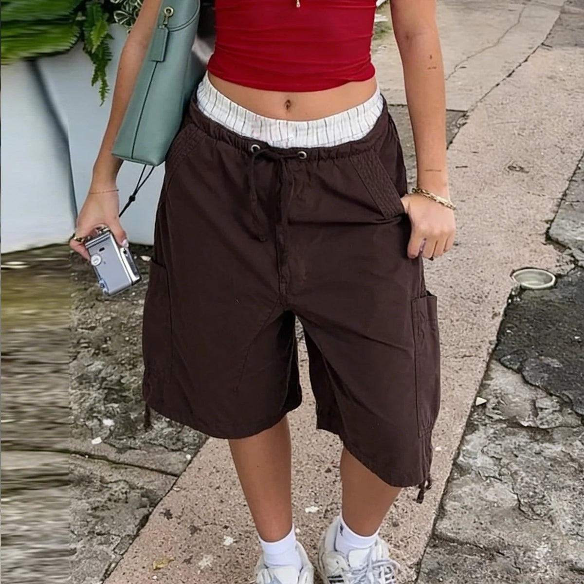 Women Y2K Baggy Cargo Shorts Knee Denim Length Drawstring Waist Multi Pocket Casual Streetwear Summer Loose Fit Jorts - LeeHT
