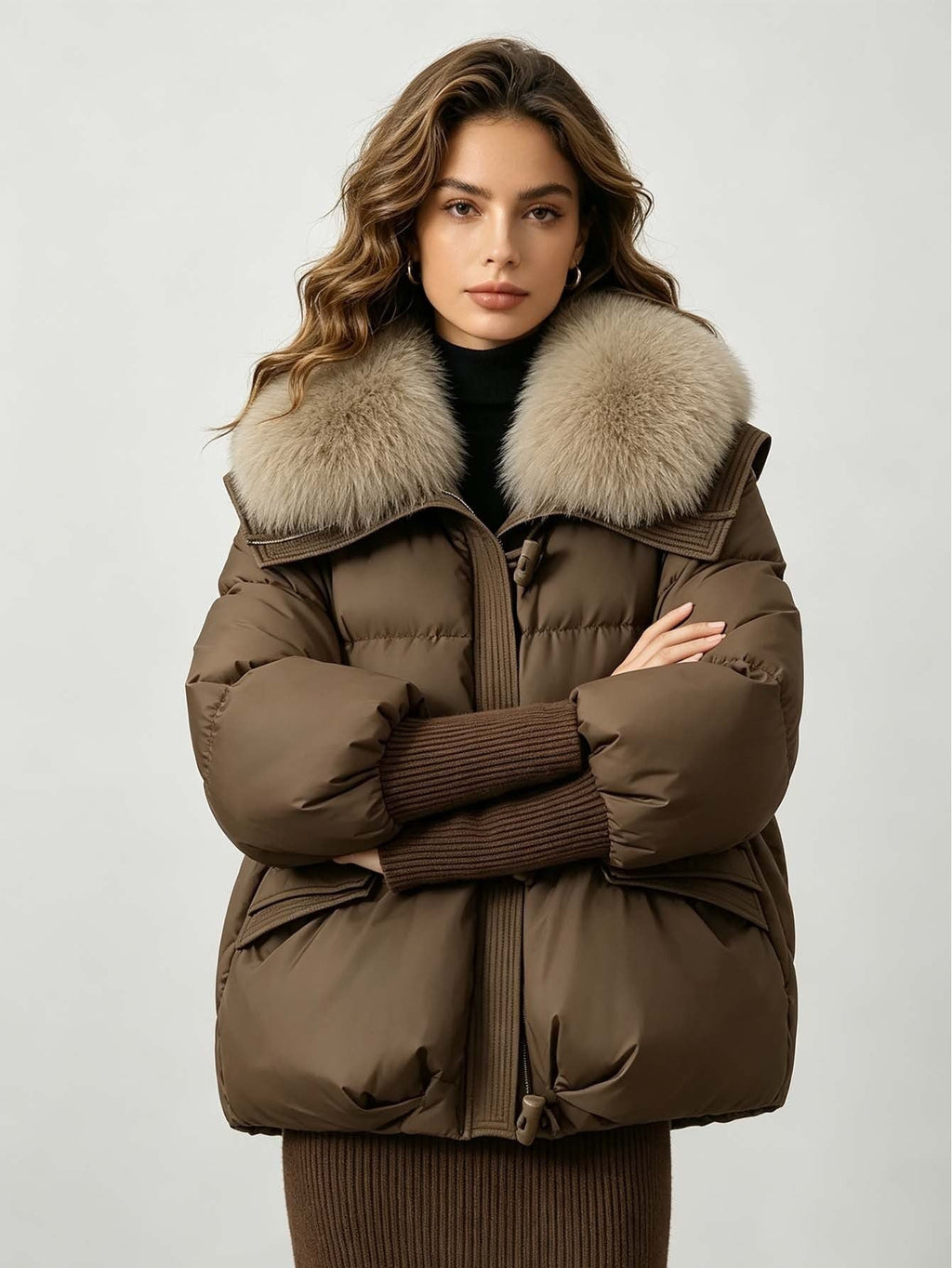 Women's Loose Cropped Puffer Jacket with Oversized Fur Collar - LeeHT