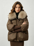Women's Loose Cropped Puffer Jacket with Oversized Fur Collar - LeeHT
