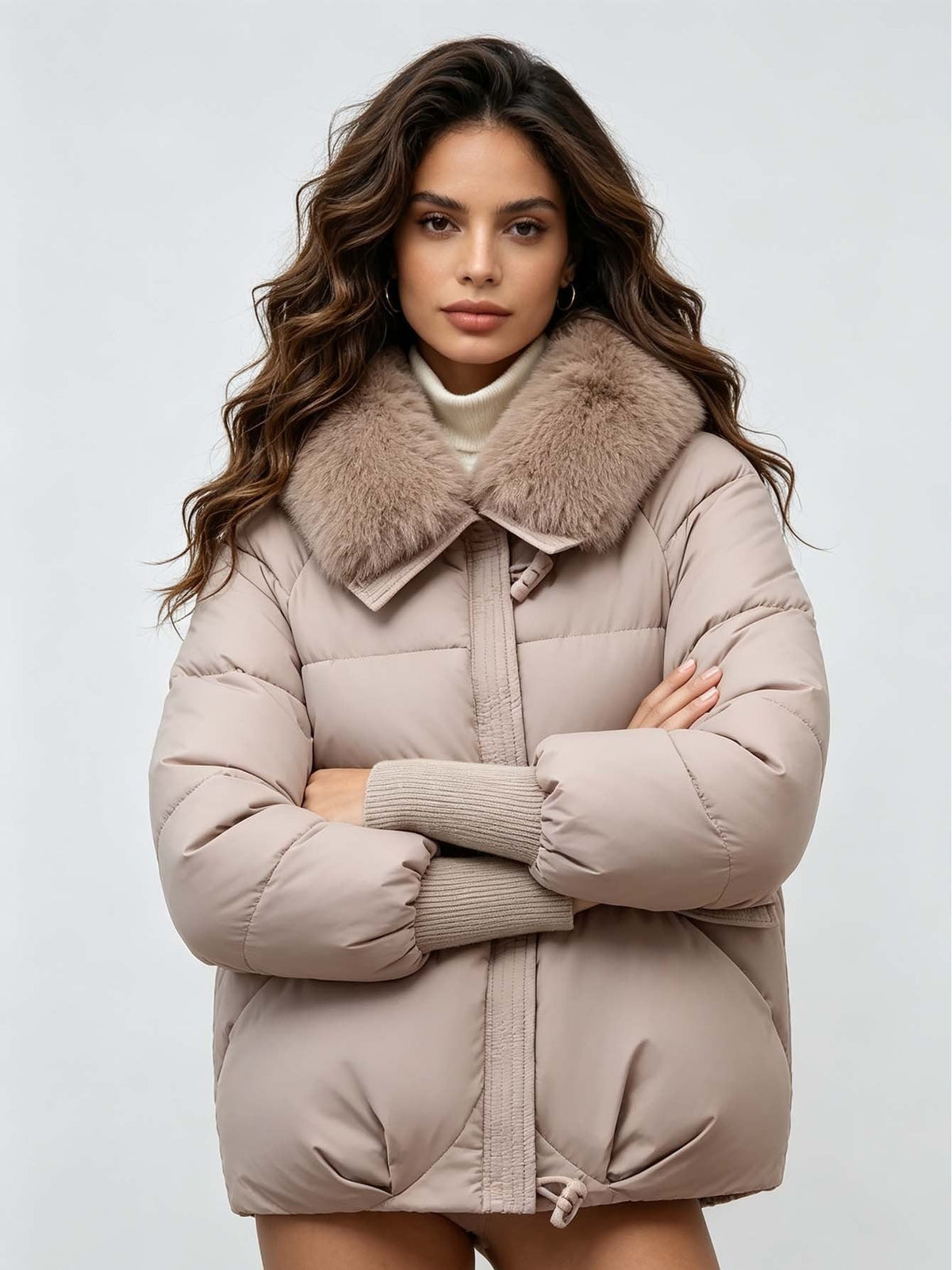 Women's Loose Cropped Puffer Jacket with Oversized Fur Collar - LeeHT
