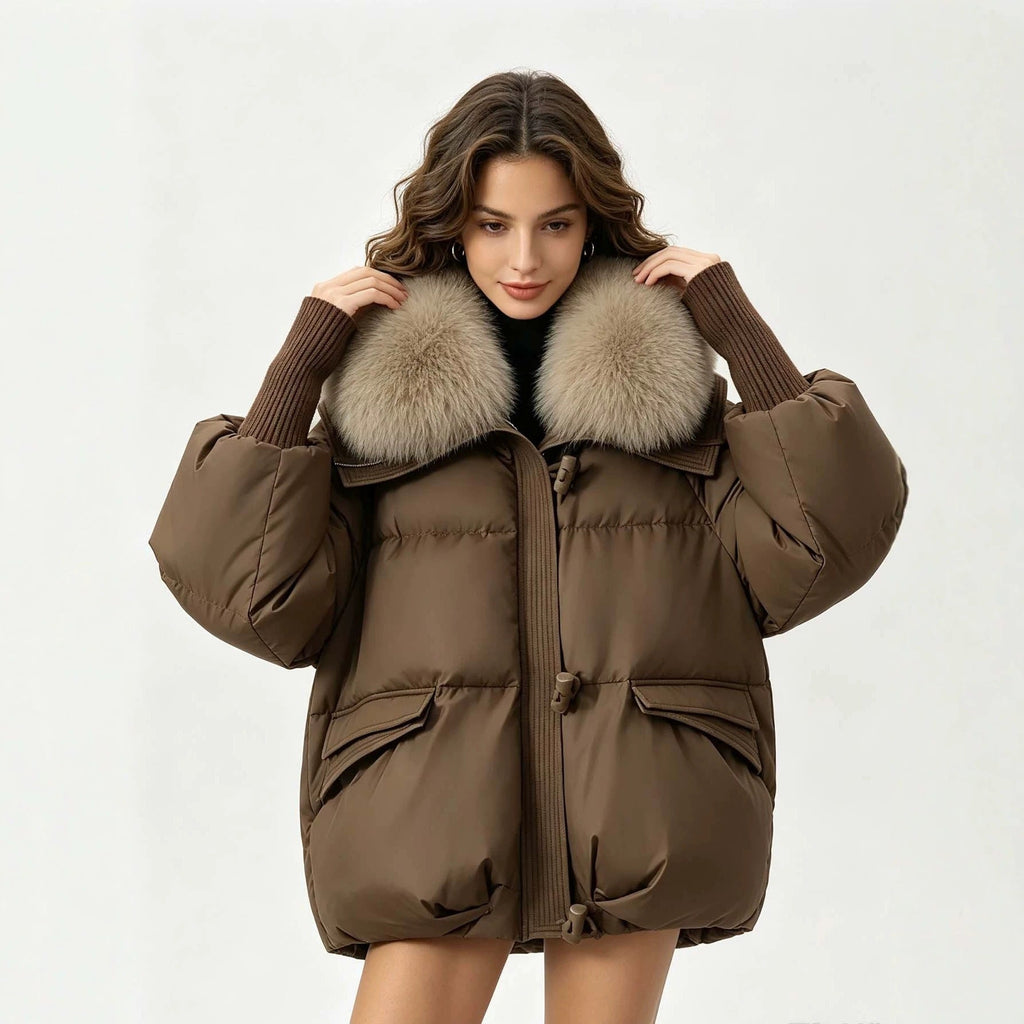 Women's Loose Cropped Puffer Jacket with Oversized Fur Collar - LeeHT
