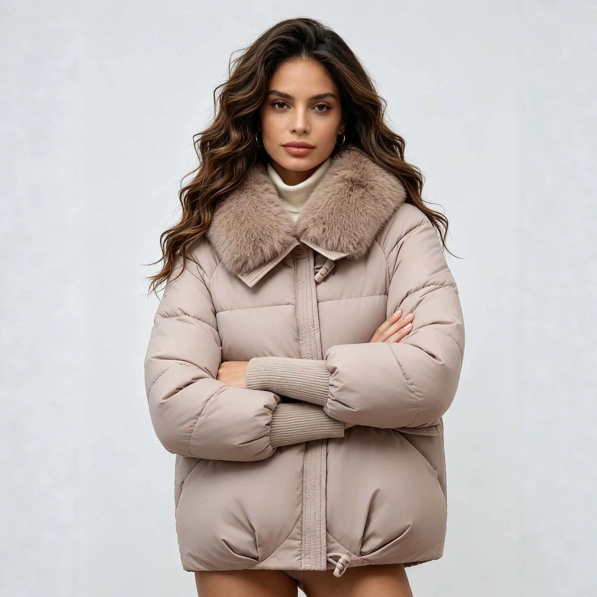 Women's Loose Cropped Puffer Jacket with Oversized Fur Collar - LeeHT