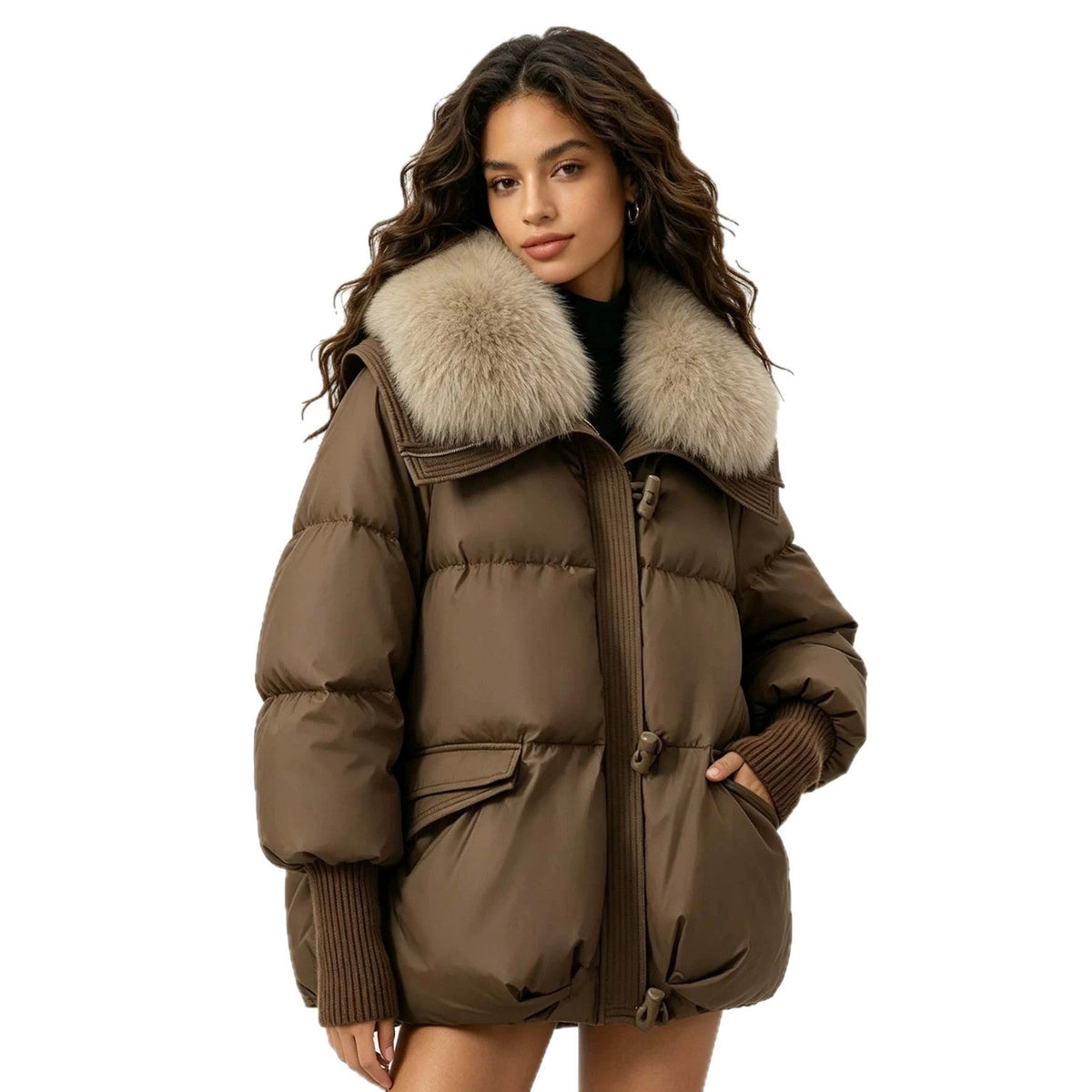 Women's Loose Cropped Puffer Jacket with Oversized Fur Collar - LeeHT
