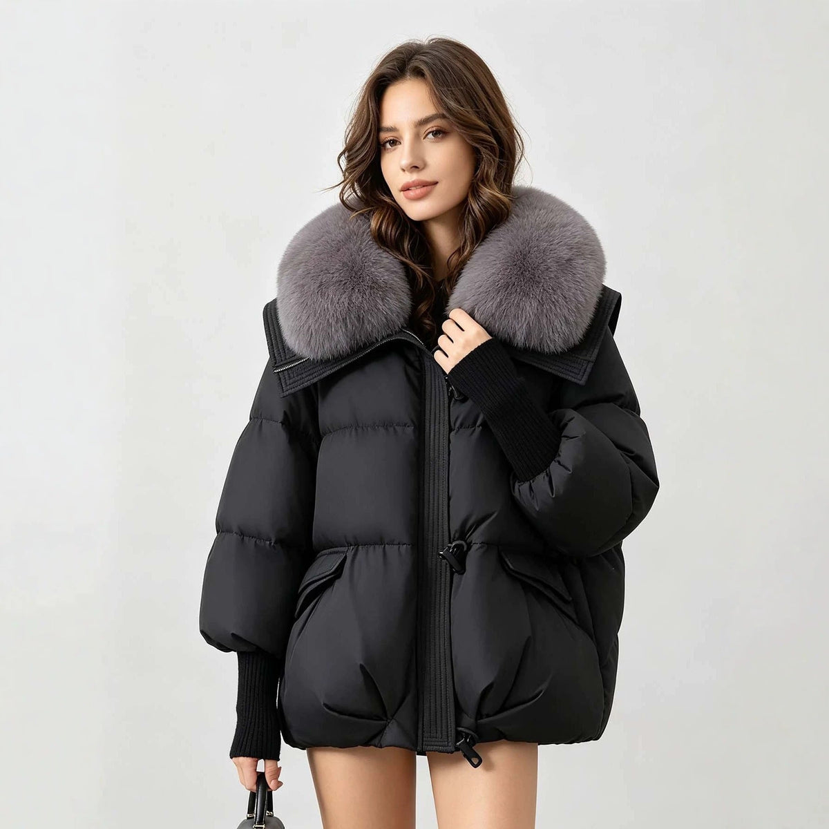 Women's Loose Cropped Puffer Jacket with Oversized Fur Collar - LeeHT