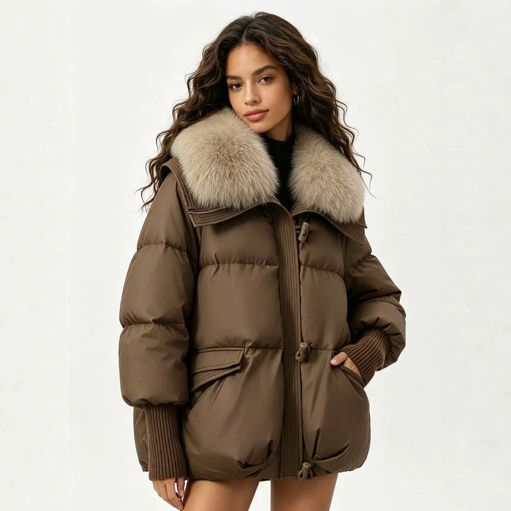 Women's Loose Cropped Puffer Jacket with Oversized Fur Collar - LeeHT