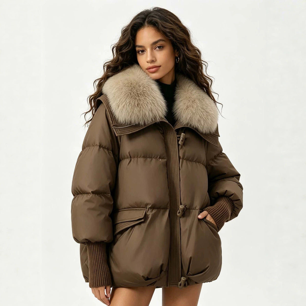 Women's Loose Cropped Puffer Jacket with Oversized Fur Collar - LeeHT