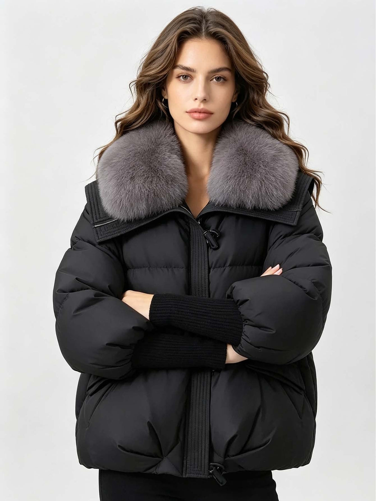 Women's Loose Cropped Puffer Jacket with Oversized Fur Collar - LeeHT