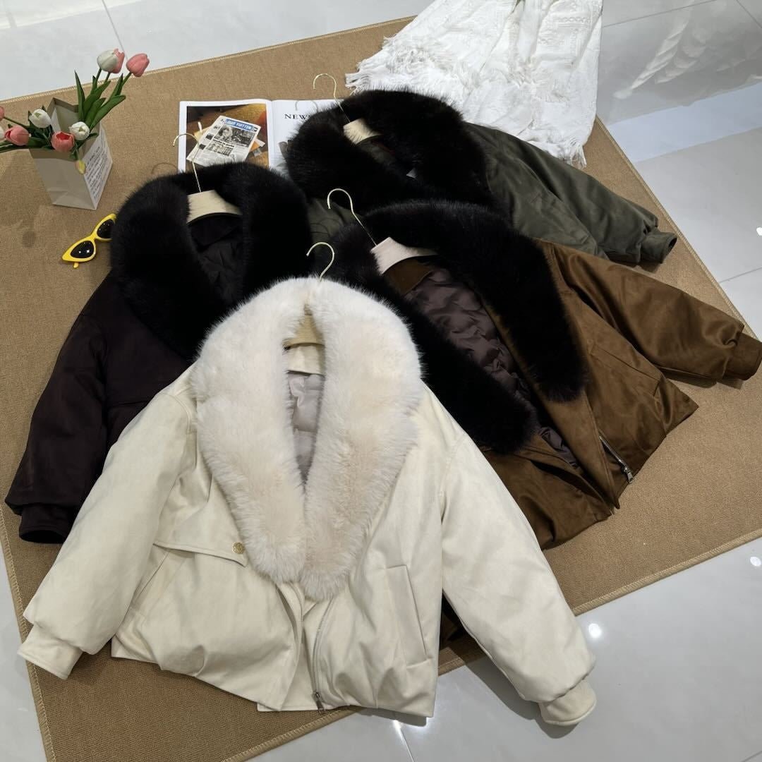 Women's Short Faux Fox Fur Collar Parka Coat - LeeHT