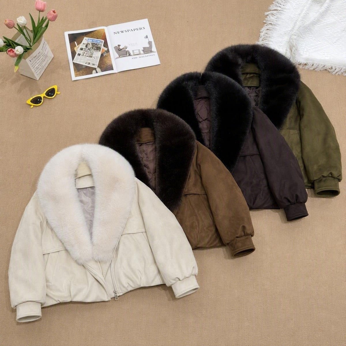 Women's Short Faux Fox Fur Collar Parka Coat - LeeHT