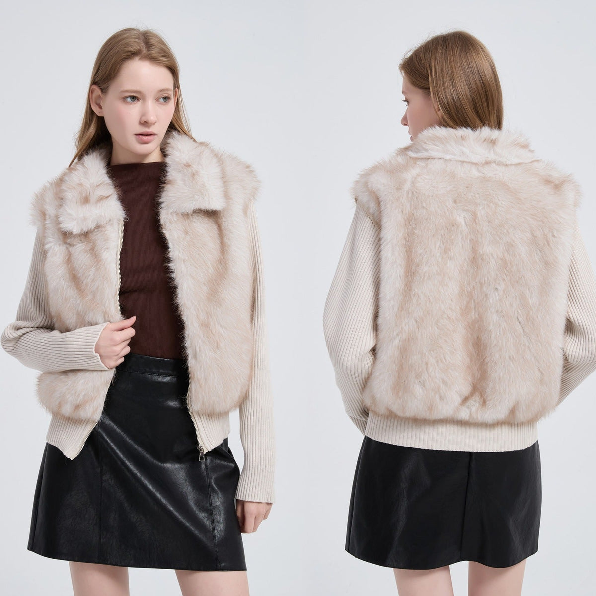 Women's Trendy Eco-Friendly Faux Fur Cropped Jacket with Detachable Knit Sleeves - LeeHT