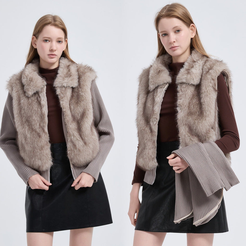 Women's Trendy Eco-Friendly Faux Fur Cropped Jacket with Detachable Knit Sleeves - LeeHT