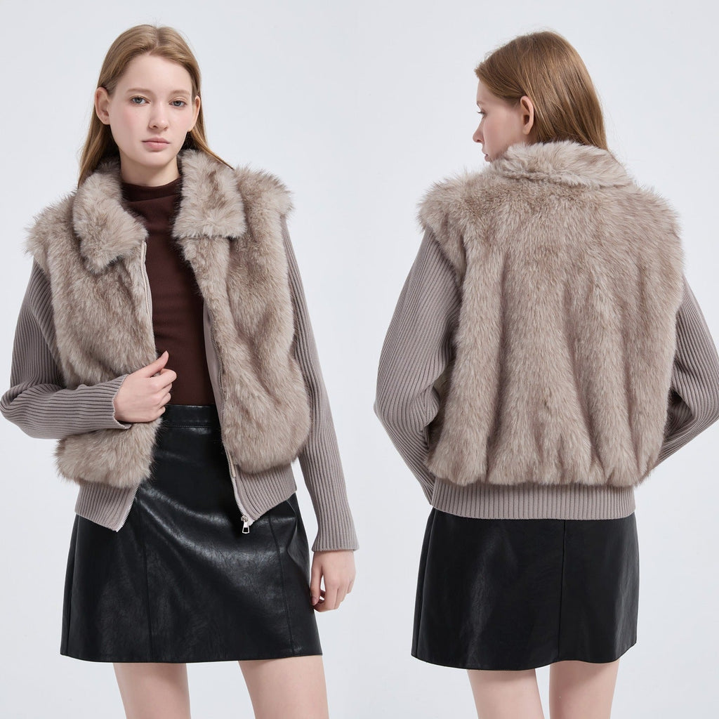 Women's Trendy Eco-Friendly Faux Fur Cropped Jacket with Detachable Knit Sleeves - LeeHT