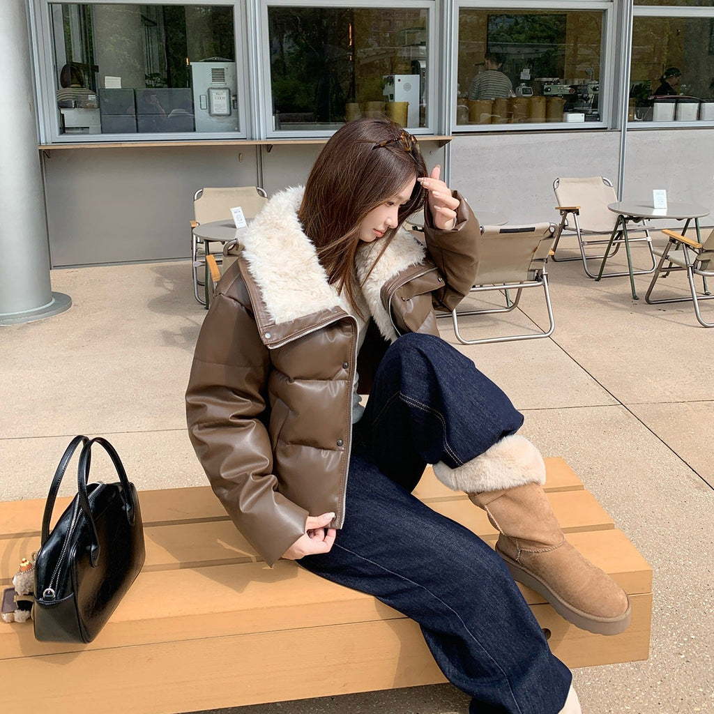 Women's Winter Fleece Lapel Padded Jacket, Protein Leather Feel Splicing Thickened Warm Coat - LeeHT