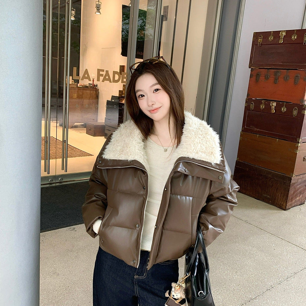 Women's Winter Fleece Lapel Padded Jacket, Protein Leather Feel Splicing Thickened Warm Coat - LeeHT