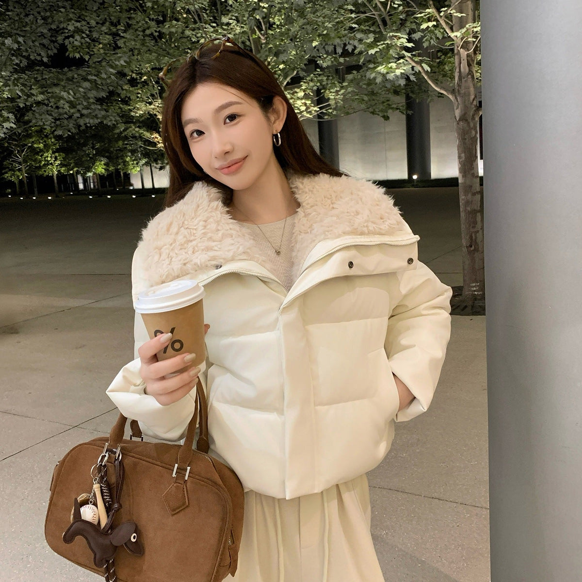 Women's Winter Fleece Lapel Padded Jacket, Protein Leather Feel Splicing Thickened Warm Coat - LeeHT