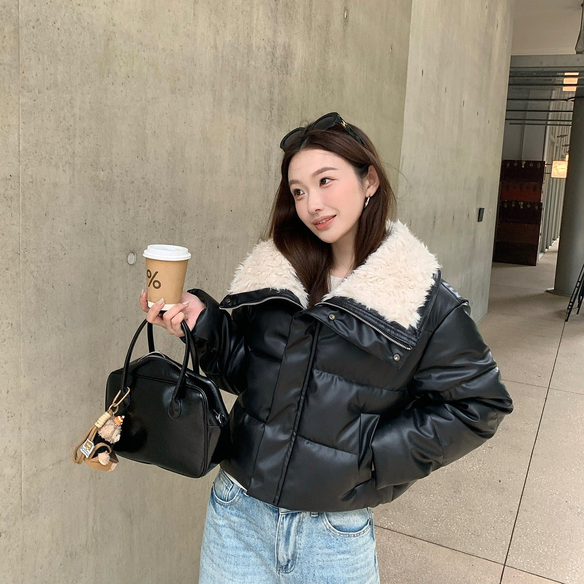 Women's Winter Fleece Lapel Padded Jacket, Protein Leather Feel Splicing Thickened Warm Coat - LeeHT