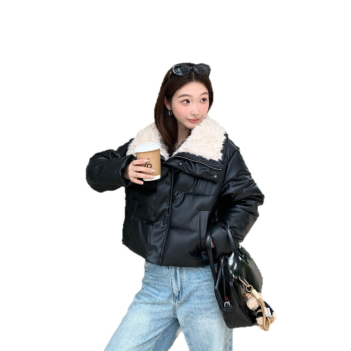 Women's Winter Fleece Lapel Padded Jacket, Protein Leather Feel Splicing Thickened Warm Coat - LeeHT