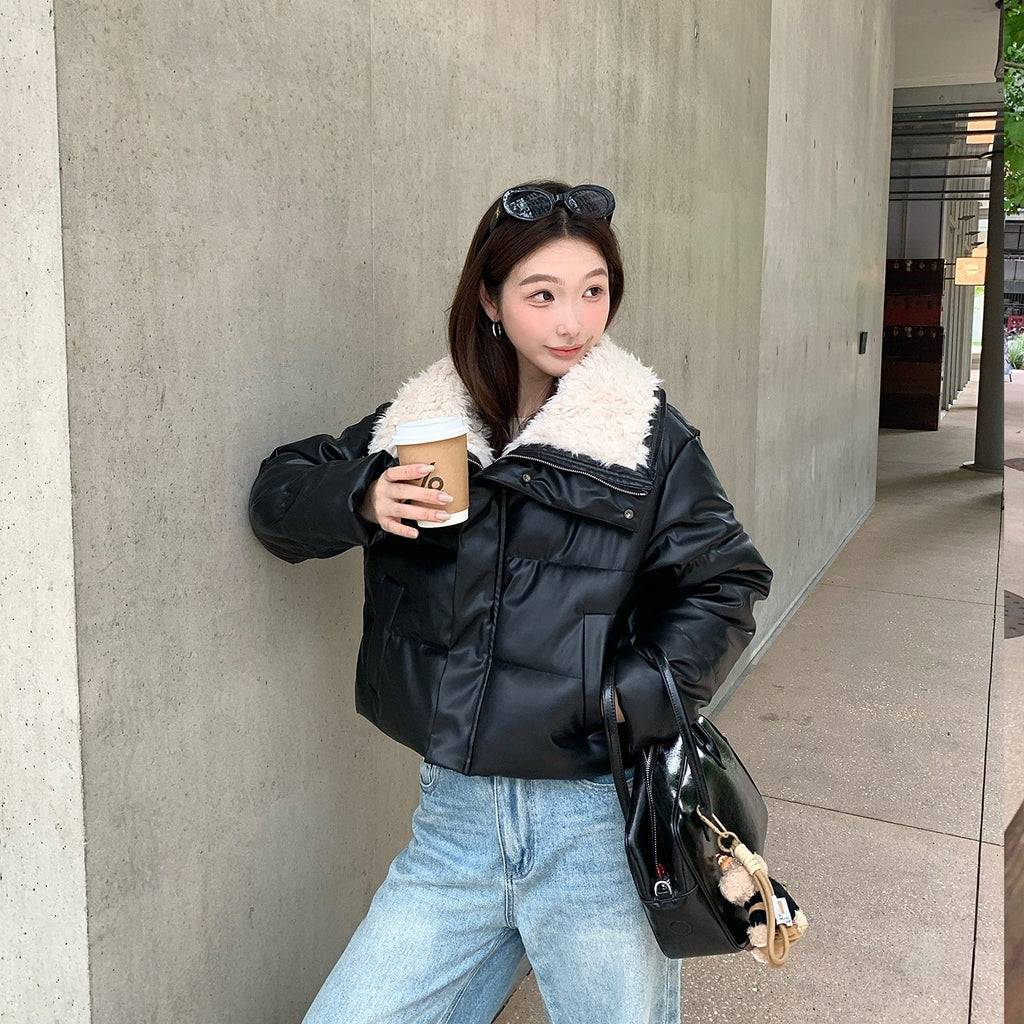 Women's Winter Fleece Lapel Padded Jacket, Protein Leather Feel Splicing Thickened Warm Coat - LeeHT