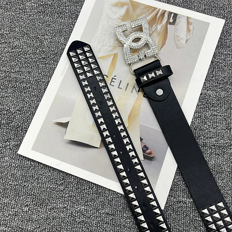 Y2K Waist Belt Luxury Women's Rhinestone Punk Belt, Hot Girl Fashion Studded Leather Embellished Decor, Unique Style - LeeHT
