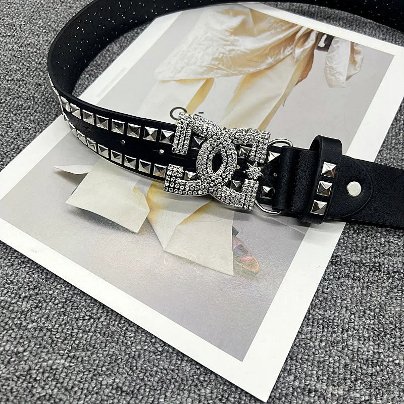 Y2K Waist Belt Luxury Women's Rhinestone Punk Belt, Hot Girl Fashion Studded Leather Embellished Decor, Unique Style - LeeHT